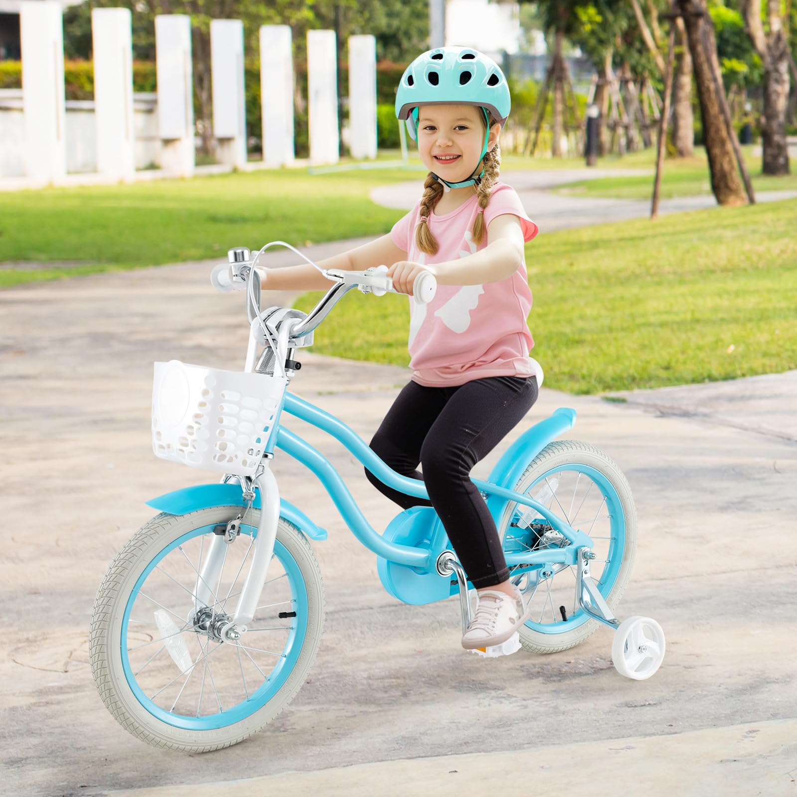 COSTWAY Kids Bike, 16 Inch Toddler Bike Children Bicycle w/Training Wheels, Hand & Coaster Brakes, Adjustable Saddle & Handlebar, Basket, Bell, Kids Bicycle for Girls Boys Aged 3-8 Years Old, Blue