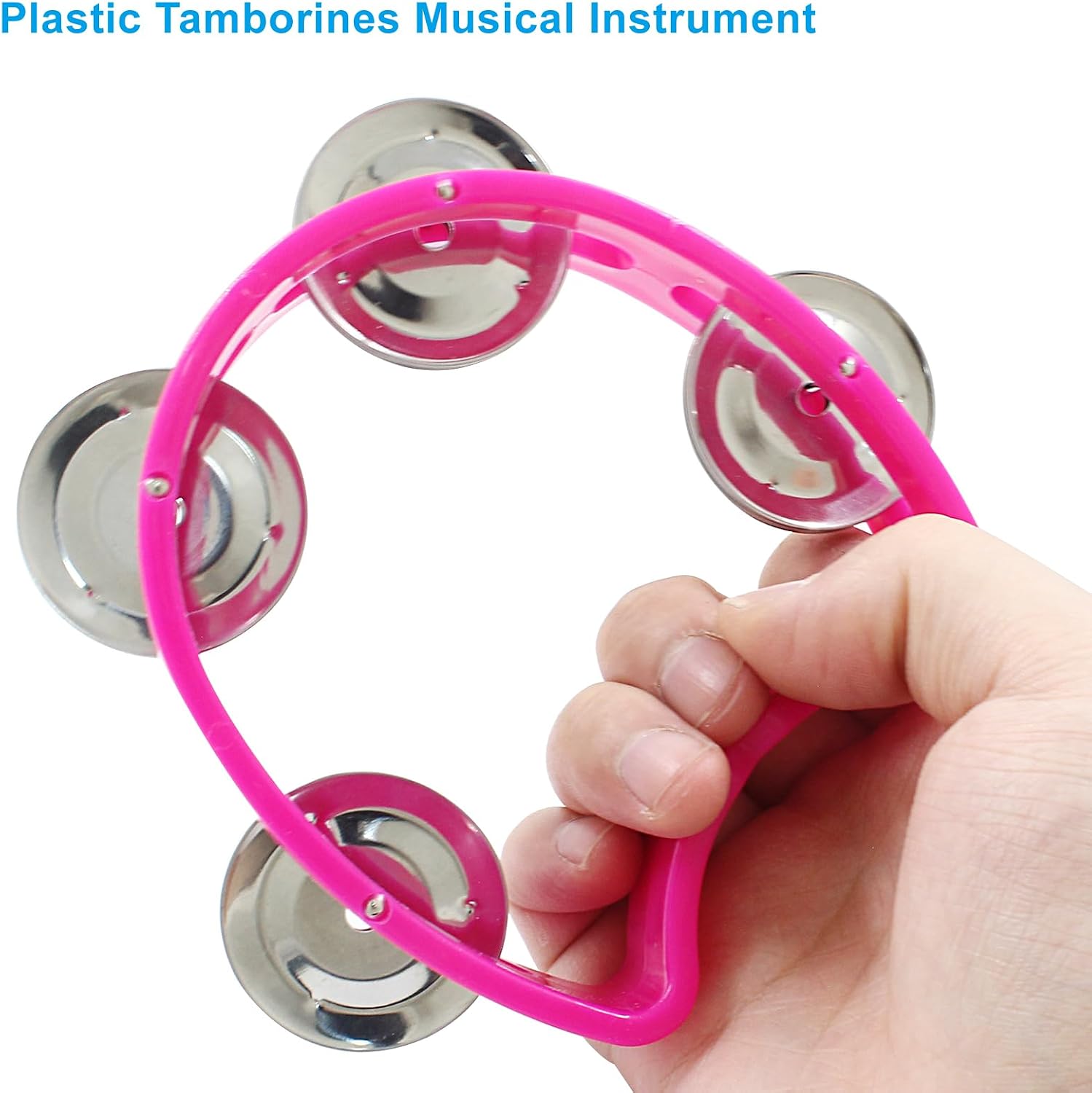 Piutouyar 4 Pack Plastic Tambourine, Pink Half Circle Tambourine with 4 Jingle Bells Mini Handheld Tambourine for School, Party, Band image 3
