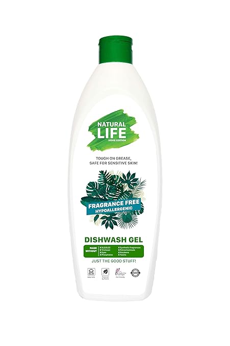 NATURAL LIFE Dishwash Liquid Gel with Natural Ingredients, Hypoallergenic, Non-Toxic, Skin and Eco-Friendly Baby Safe & Pet Safe - 500 ml