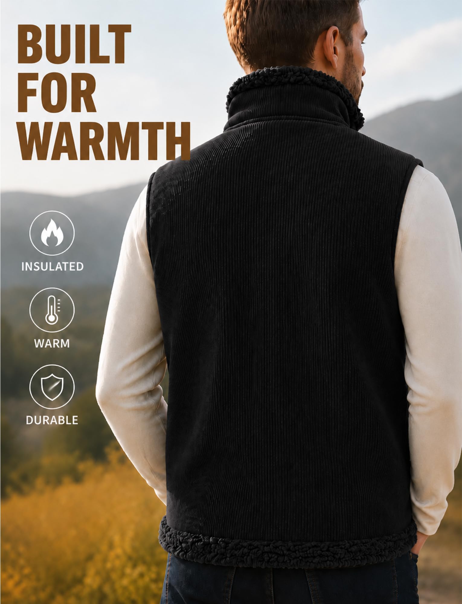 Gilet da uomo in velluto a coste foderato in pile gilet invernale senza