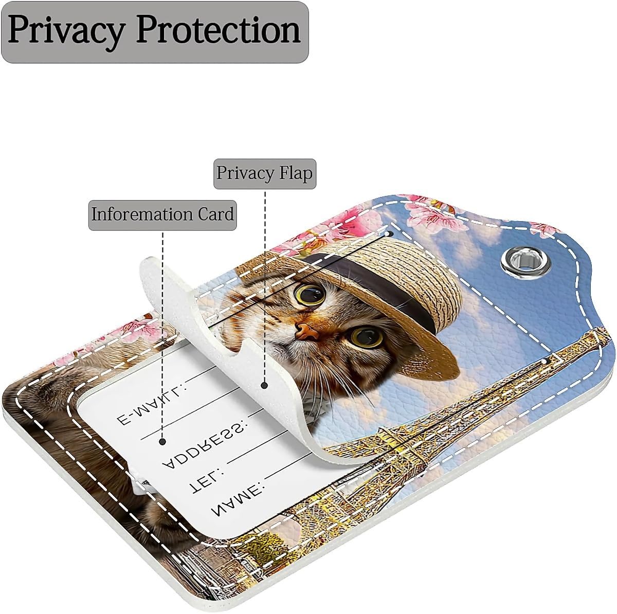 Luggage Tags,Travel Cat Design, Double-Sided Privacy Cover ID Labels with Stainless Steel Loop and Address Card for Travel Bag Suitcase image 2