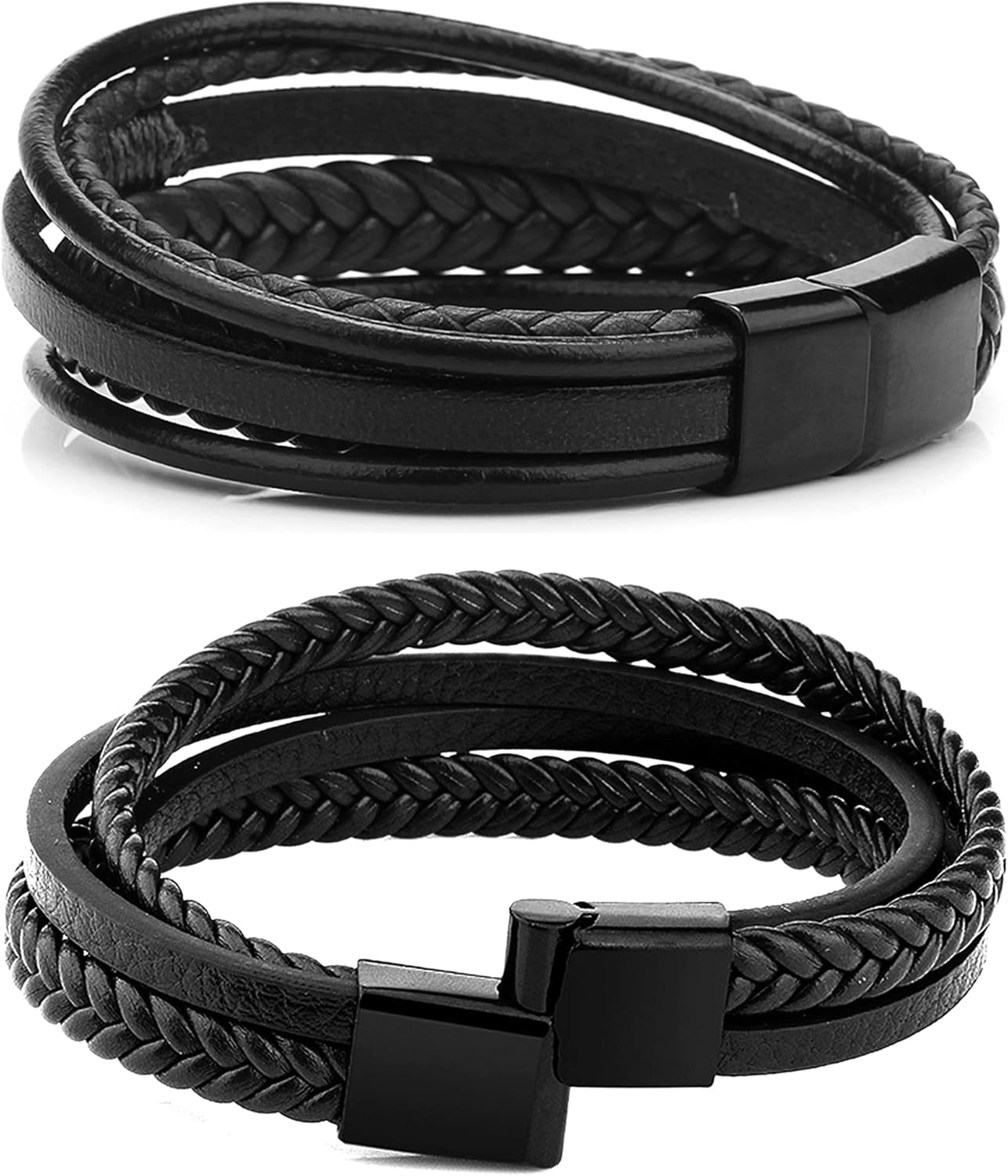 RIOSO 6 Pieces Mens Leather Bracelet Stainless Steel Multi-layer Braided Black Leather Bracelets for Men - Image 4