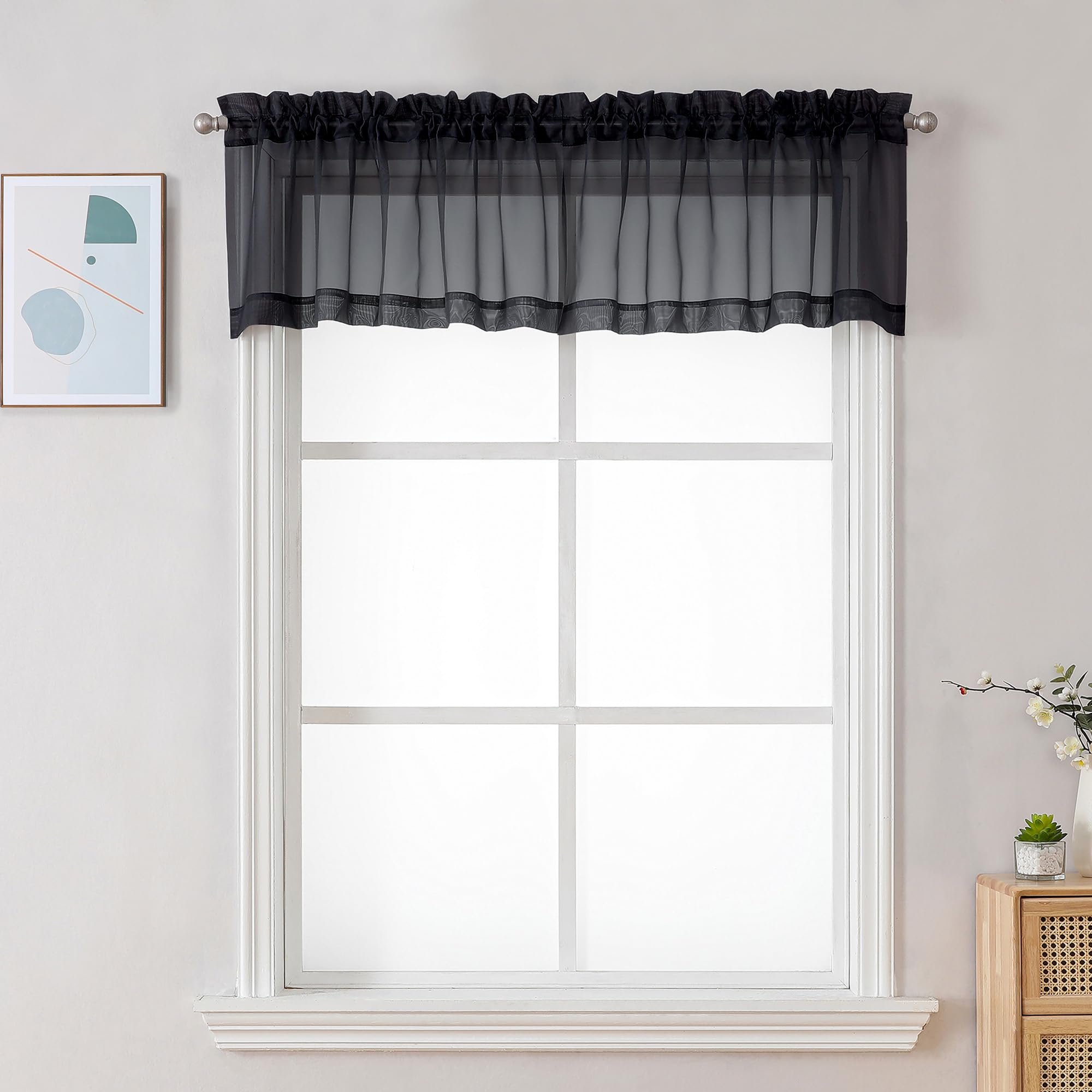 Chyhomenyc Black Sheer Valance for Windows, 42Wx12L, 2 Pack | Light Filtering Voile Soft Airy Topper Small Window Treatment Rod Pocket, Living Room Bedroom Laundry Basement
