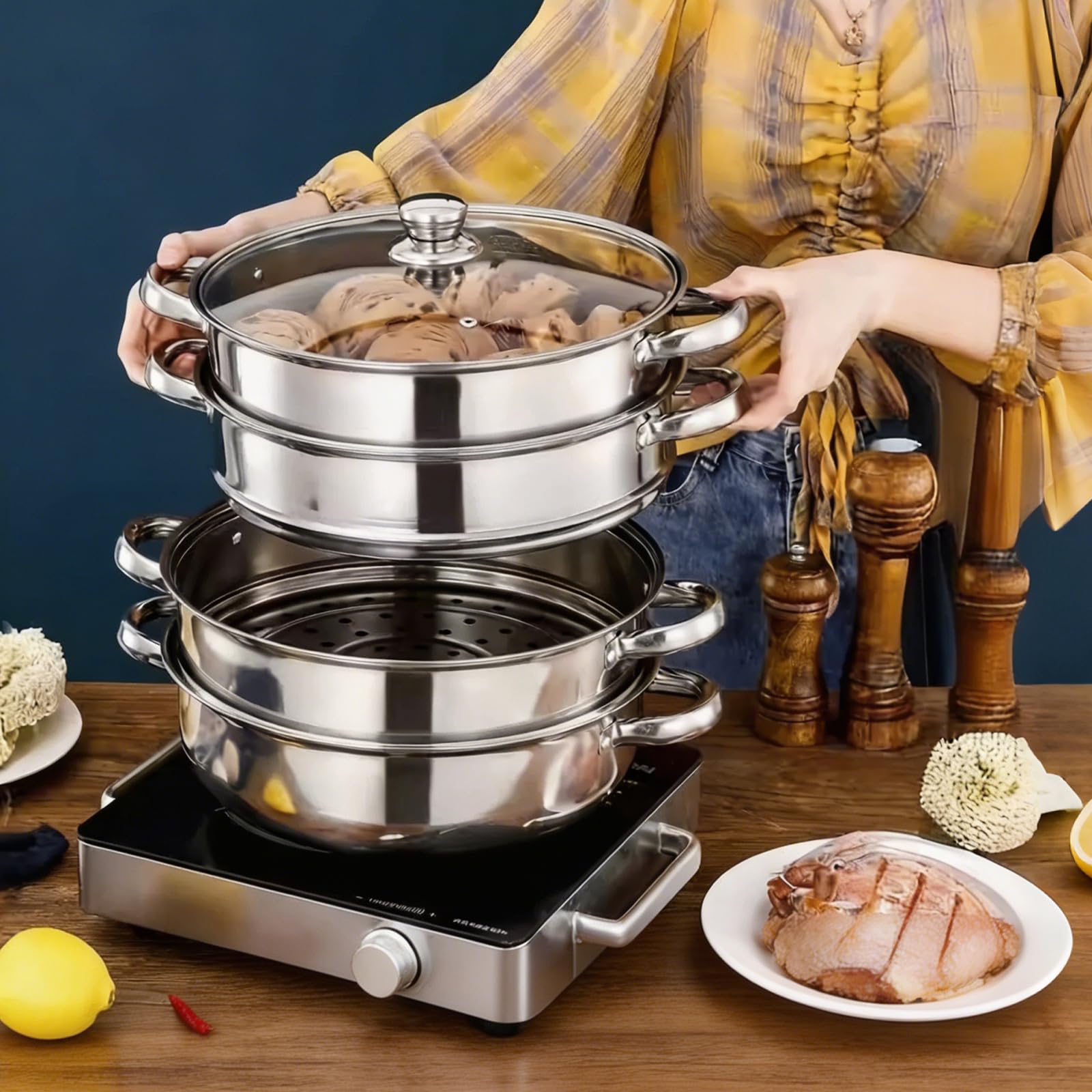 Vaporera para cocinar al vapor, 28 cm, acero inoxidable con inserto de vapor, 3/4 niveles con tapa para cocinar verduras, sopas, mariscos, guisos y pasta (cuatro)