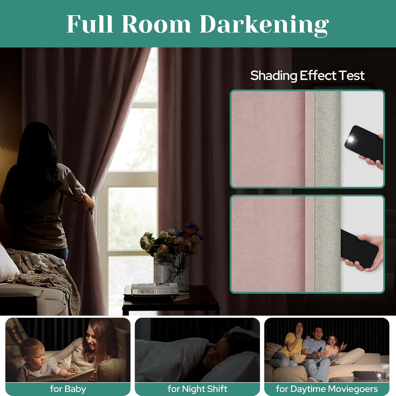 HOMEIDEAS 100% Chenille Blackout Girls Curtains for Bedroom Blush Pink Curtains 84 Inch Length 2 Panels for Living Room/Nursery Thermal Insulated Black Out Grommet Window Drapes, W52 x L84