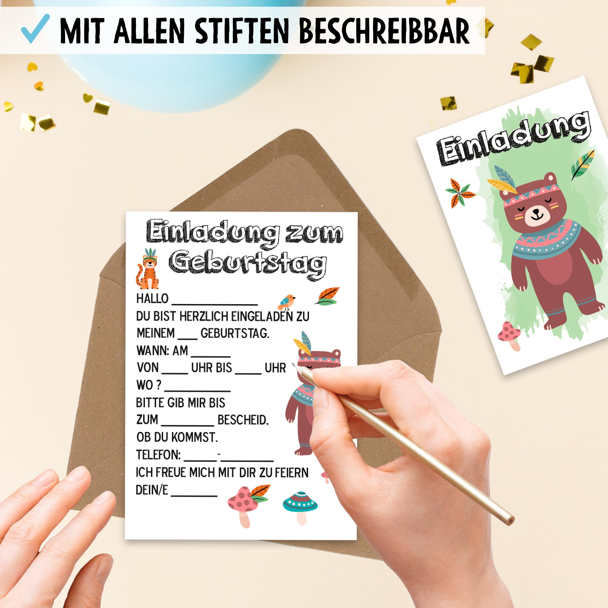 OWLBOOK Bär Boho Braunbär 50 Einladungskarten Kindergeburtstag Junge Mädchen Kinder - Wilde Tiere Geburtstag - Kindergeburtstagseinladungen Wald Tiere Zoo Dschungel Einladungen zum Ausfüllen mit