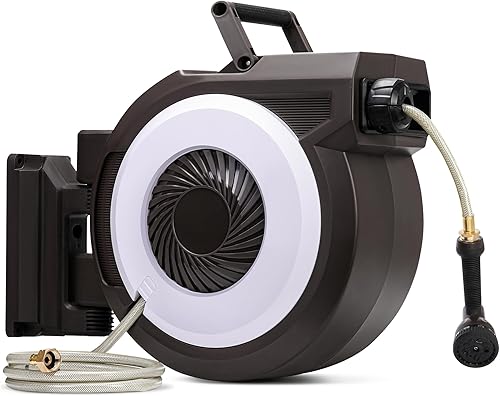 IDEALHOUSE Carrete de manguera de jardín retráctil, carrete de manguera de pared de 12 pulgada x 100 pies, con boquilla rociadora de 9 funciones,