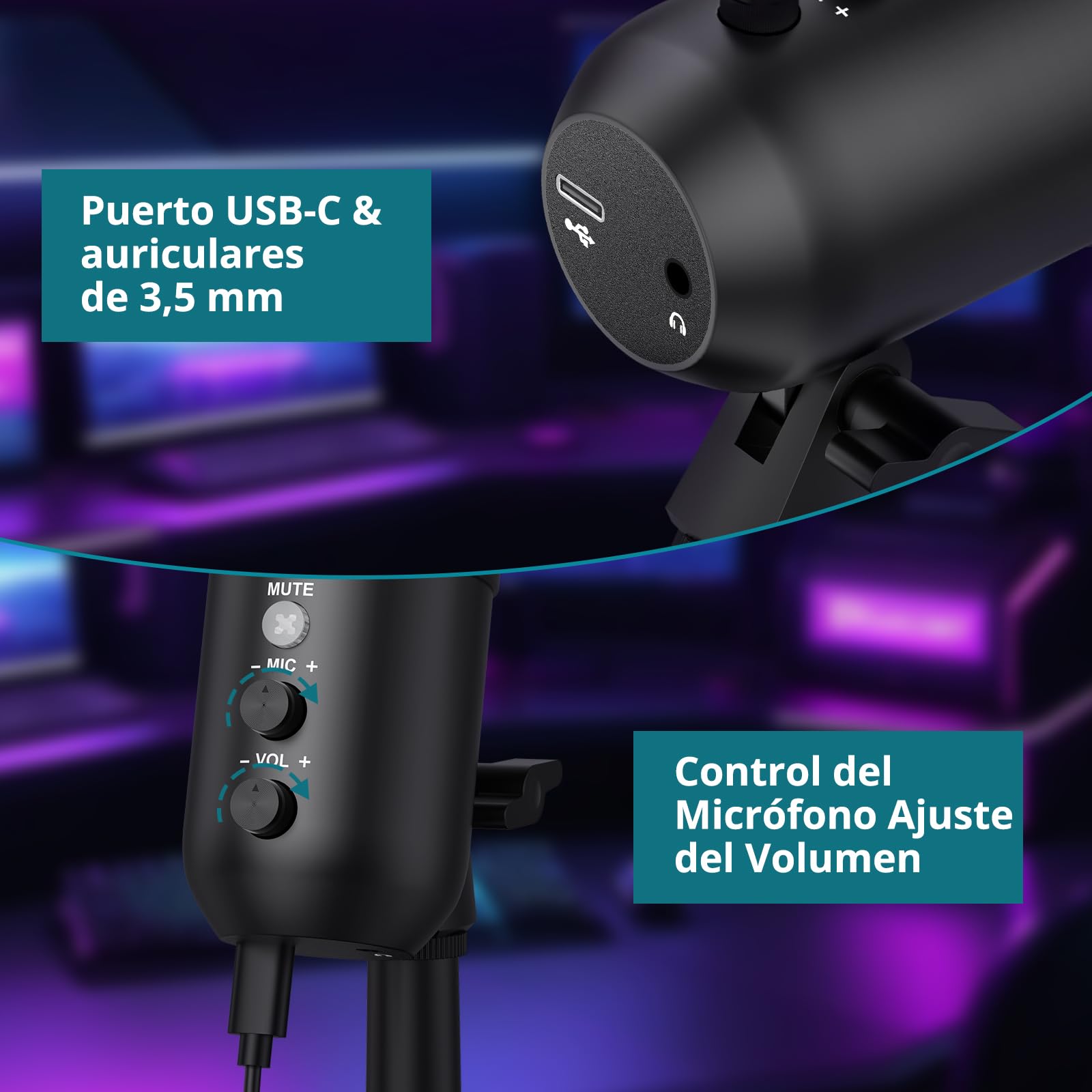 Micrófono USB，Microfono PC Gaming RGB,Reducción Inteligente del Ruido con Audio de 3.5 mm Plug & Play para PC Teléfonos, Canto, Youtube,Facebook TIK Tok Compatible con Mac, Windows
