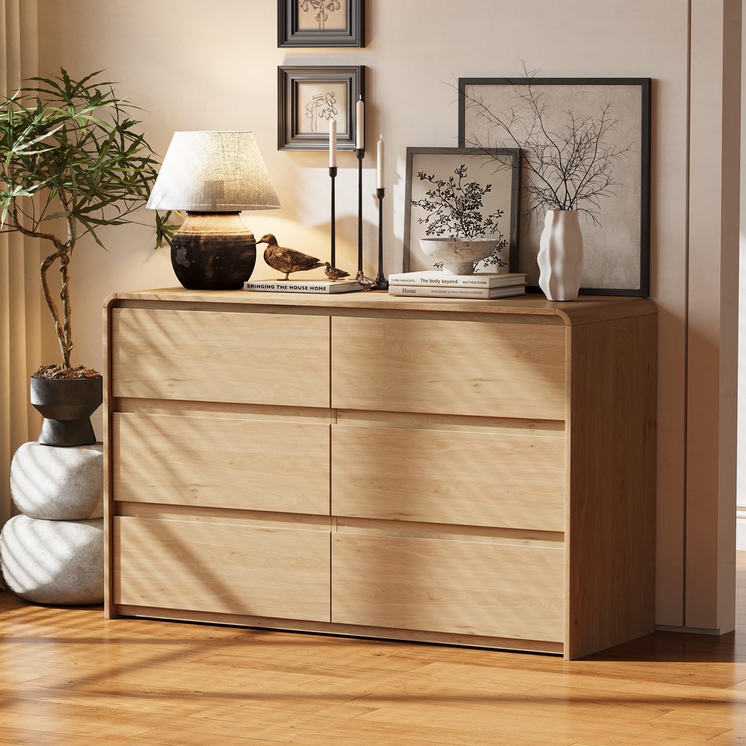 6 Drawer Dresser for Bedroom, Curved Edge Design Modern Dressers & Chest of Drawers, 47" Wide Nursery Dresser Natural Oak