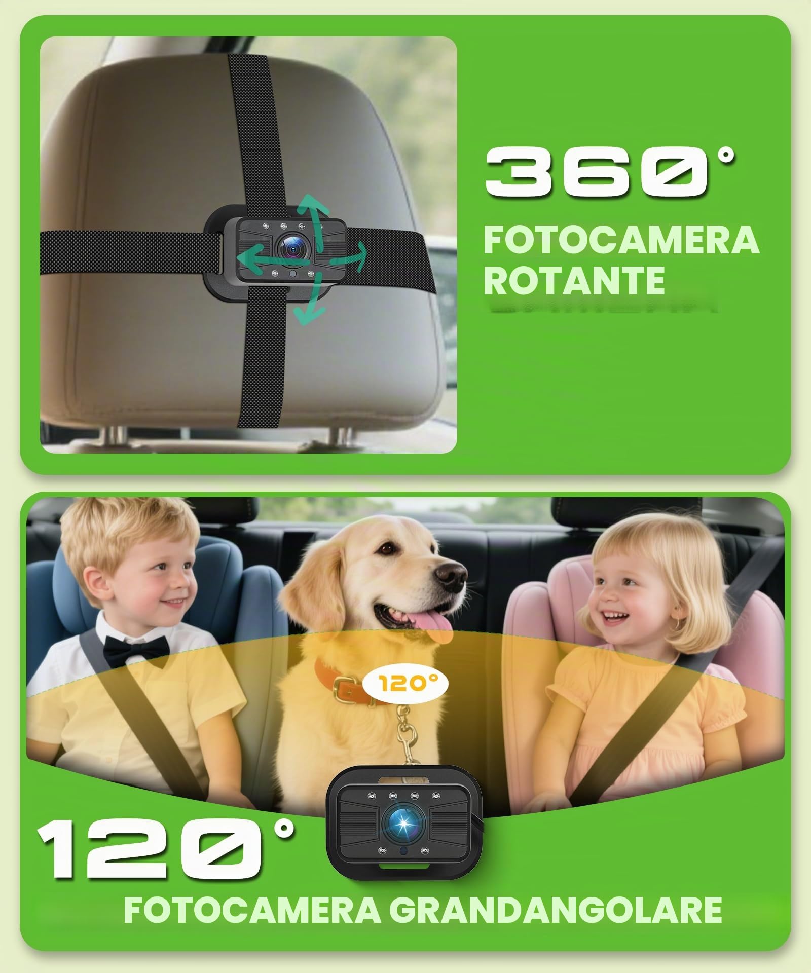 VECHTEL Sedile posteriore per bambini telecamera con schermo diviso da 6,86 pollici HD 720P,on Carplay Android Auto, telecamera auto con visione notturna e rotazione a 360,con a ventosa/64 GB SD