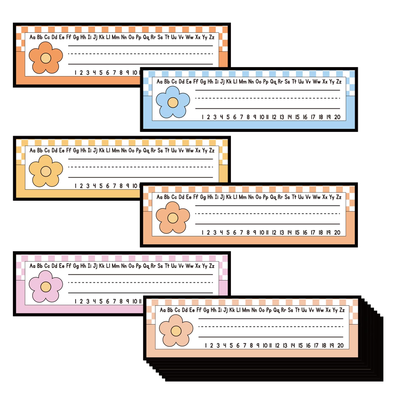 FYSUIMU 48Pcs Daisy Desk Name Tags Pastel Flower Plaid Name Plates Self-Adhesive Student Nameplates for Classroom Office Desk Cabinets