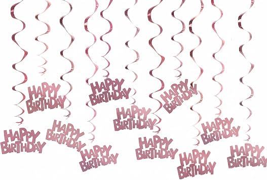 12 Pack Rose Gold Happy Birthday Hanging Swirl Decorations, Shimmering Metallic Foil Ceiling Streamers for Women & Girls, Elegant Birthday Party Supplies, Sweet 16, 21st, 30th Bday Decor