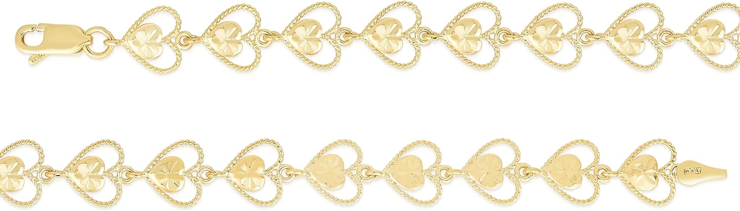 Floreo 10k Yellow Gold Filigree Open Heart Shape with Heart Diamond Cut Finish Link Bracelet