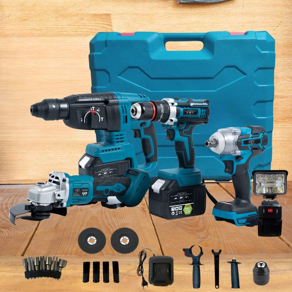 A.M.C. Kit Professionale Fai da Te 5 in 1 con Trapano Avvitatore a Batteria, Trapano a Percussione a Batteria Smerigliatrice Angolare, Trapano a Martello e ad Impulsi Svita Bulloni Luce Led 88v