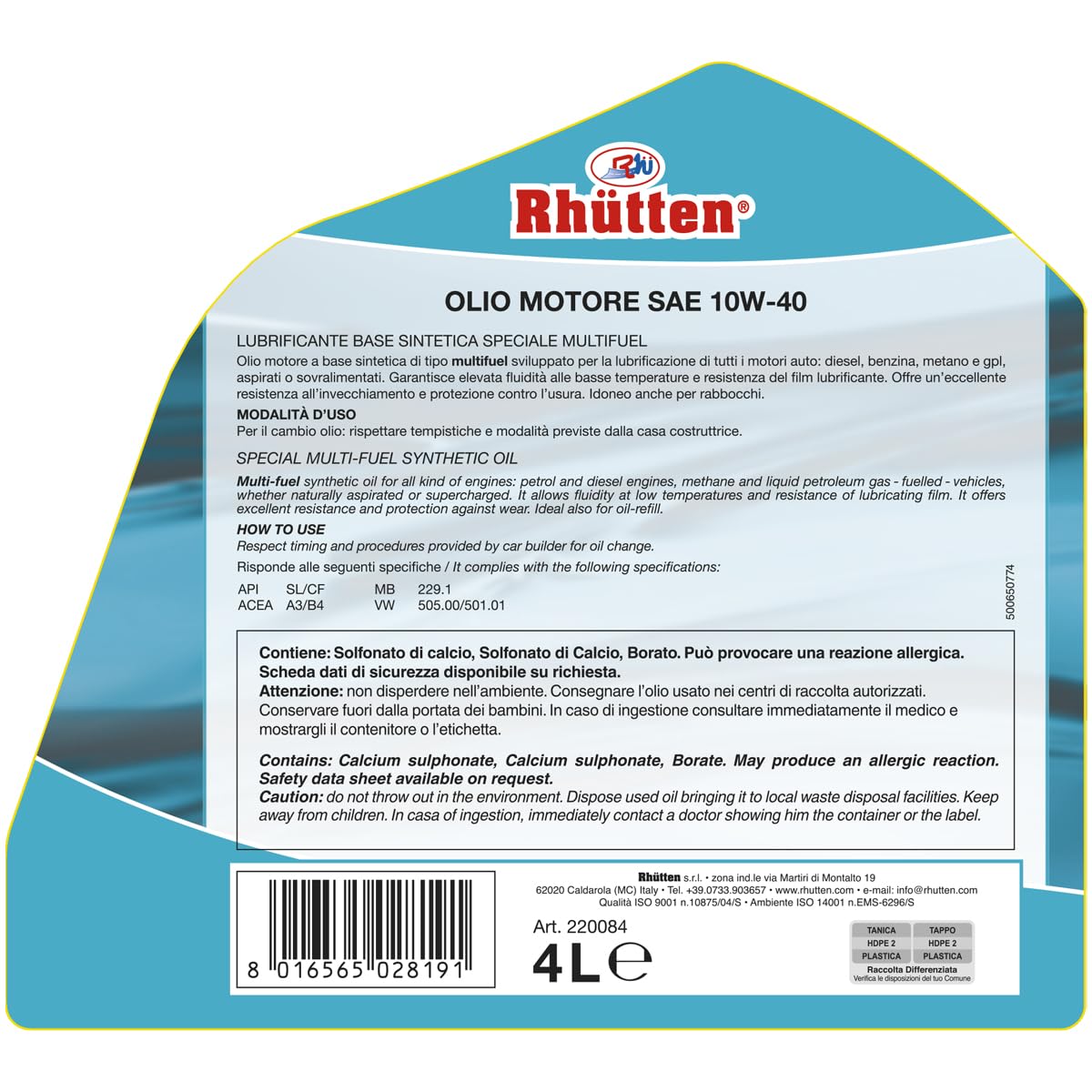 Rhutten, Olio Motore 10W40, Auto, Semi Sintetico, Benzina, Diesel, Gpl, Auto Ibride, 4L