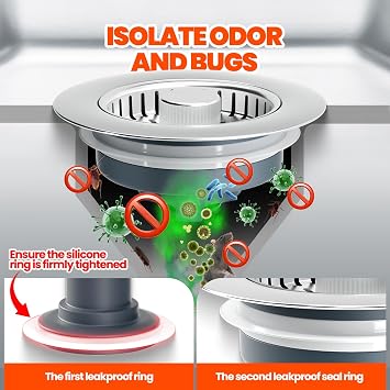 Kitchen Sink Drain Strainer & Sink Stopper, Upgraded 3 in 1 Stainless Steel Drain Plug Combo with Anti-Clog Basket, Pop Up Drain Cover for Standard 3-1/2'', Fits Double Bowl Kitchen Sinks