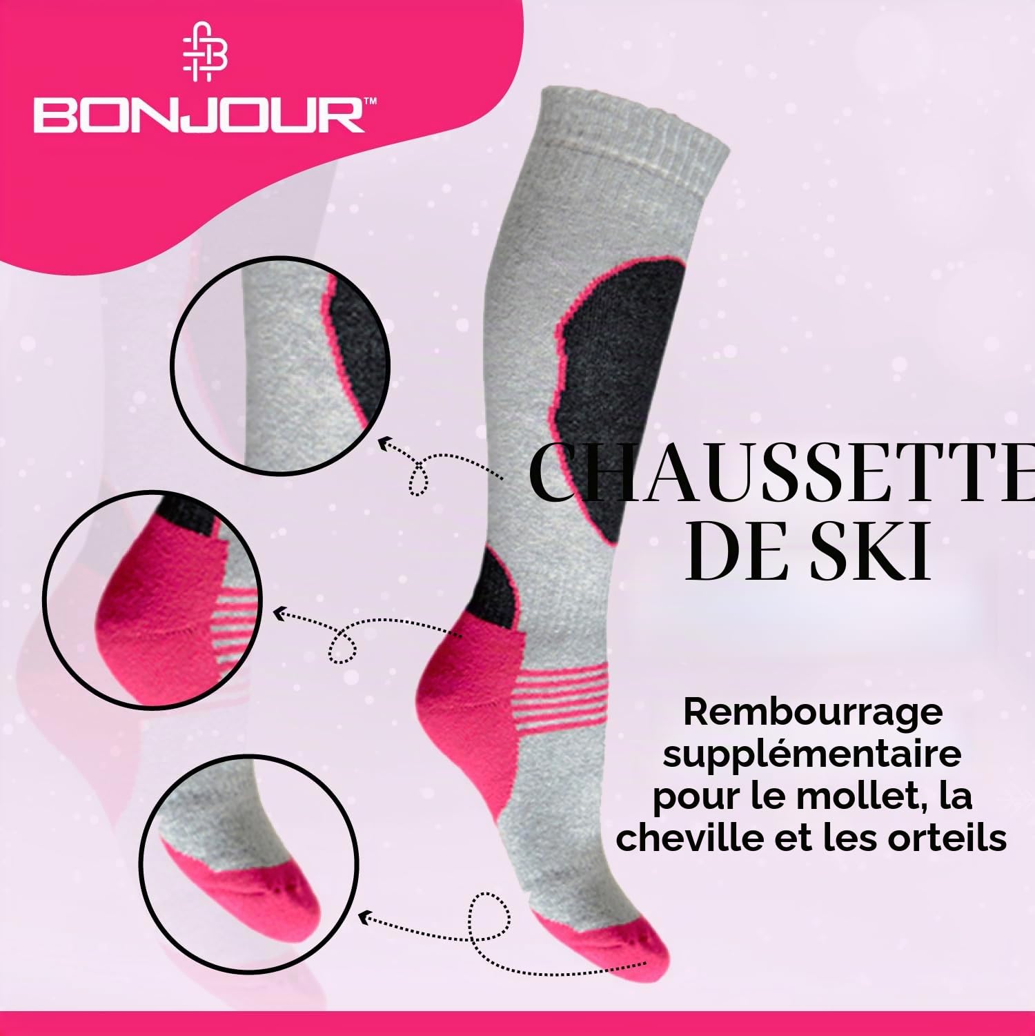 Bonjour 4 Pairs High Performance Ladies Ski Socks Long Hose Thermal Socks-Assorted-UK 4-7