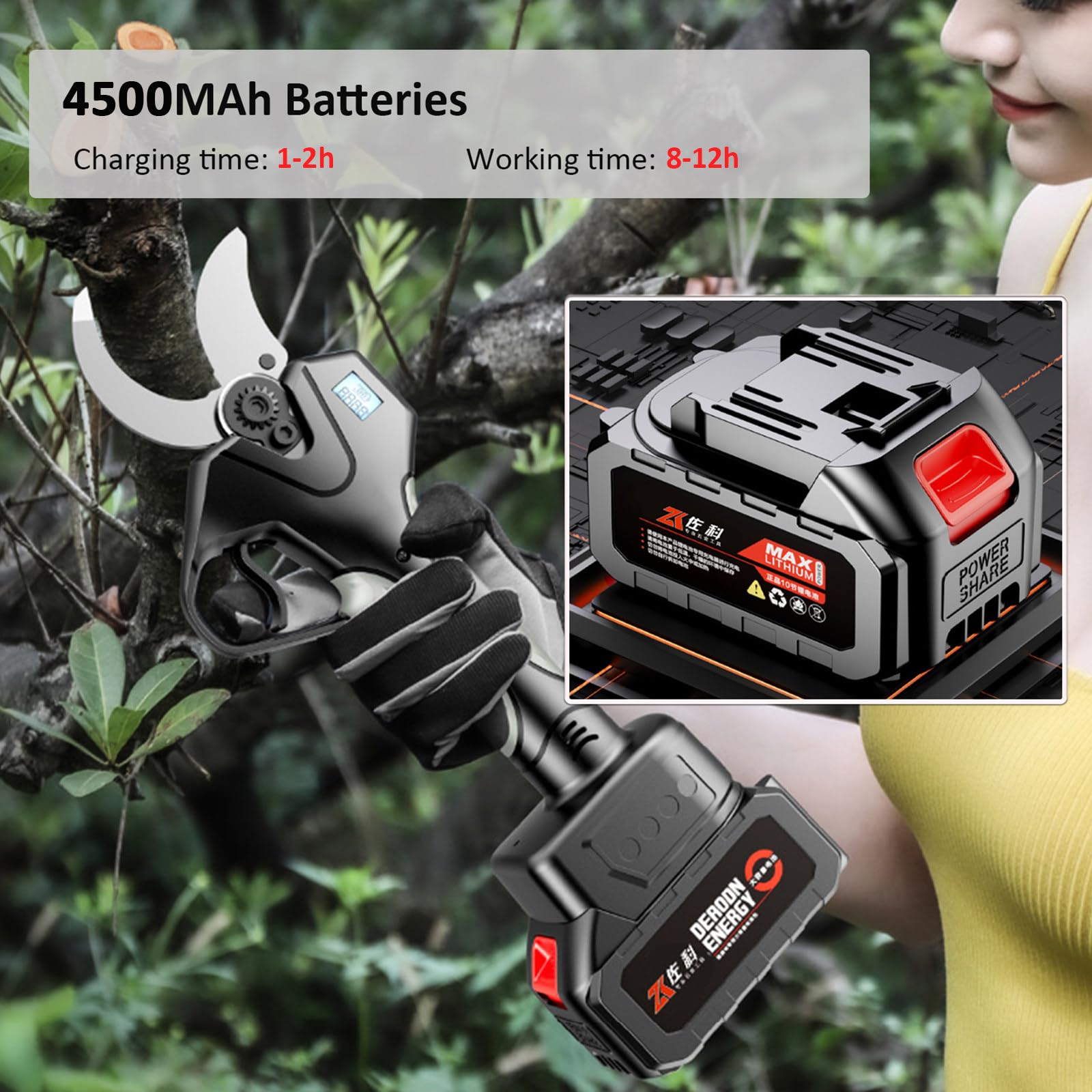 Tijeras de podar eléctricas, cortador de ramas con mango extensible, baterías recargables de 2000 mAh y cuchillas de repuesto, herramienta de jardinería profesional para ramas altas,2Batteries