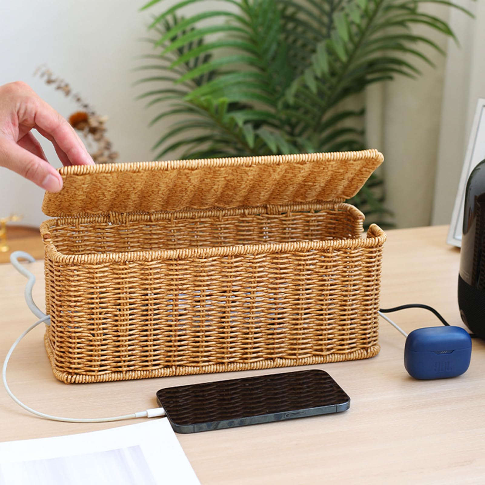 Wnvivi Cable Management Box,Imitation Rattan Woven Cord Organizer Box with Lid,Cord Power Stripe Box for Power Cords,Phone Ghargers (A)
