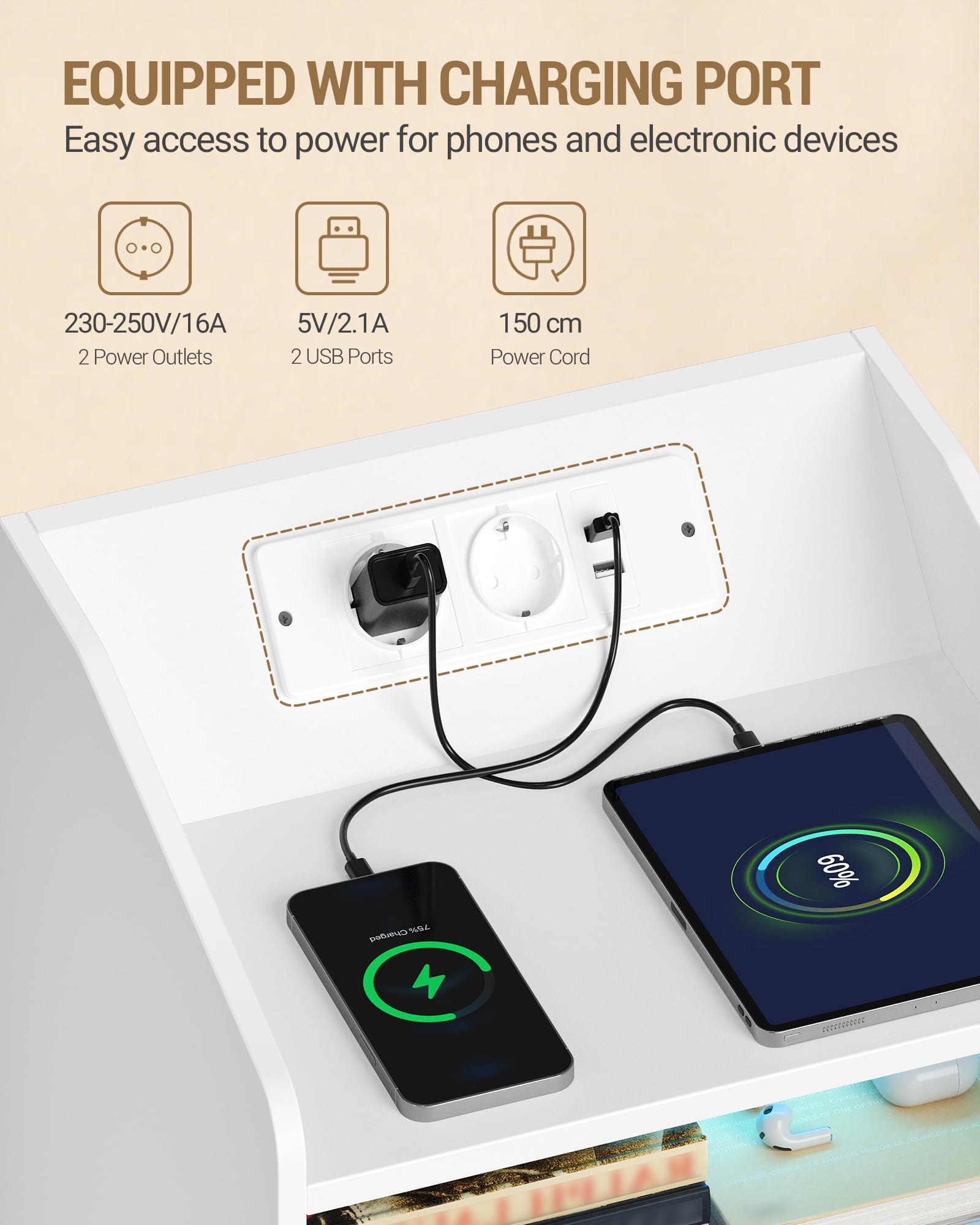 Hzuaneri Mesita de Noche Juego de 2, con Luces LED y Estación de Carga (2 Tomas AC, 2 Puertos USB), 1 Compartimento Abierto y 2 Cajones, para Dormitorio, Salón, 35 x 40 x 58 cm, Blanco NS60103XEU