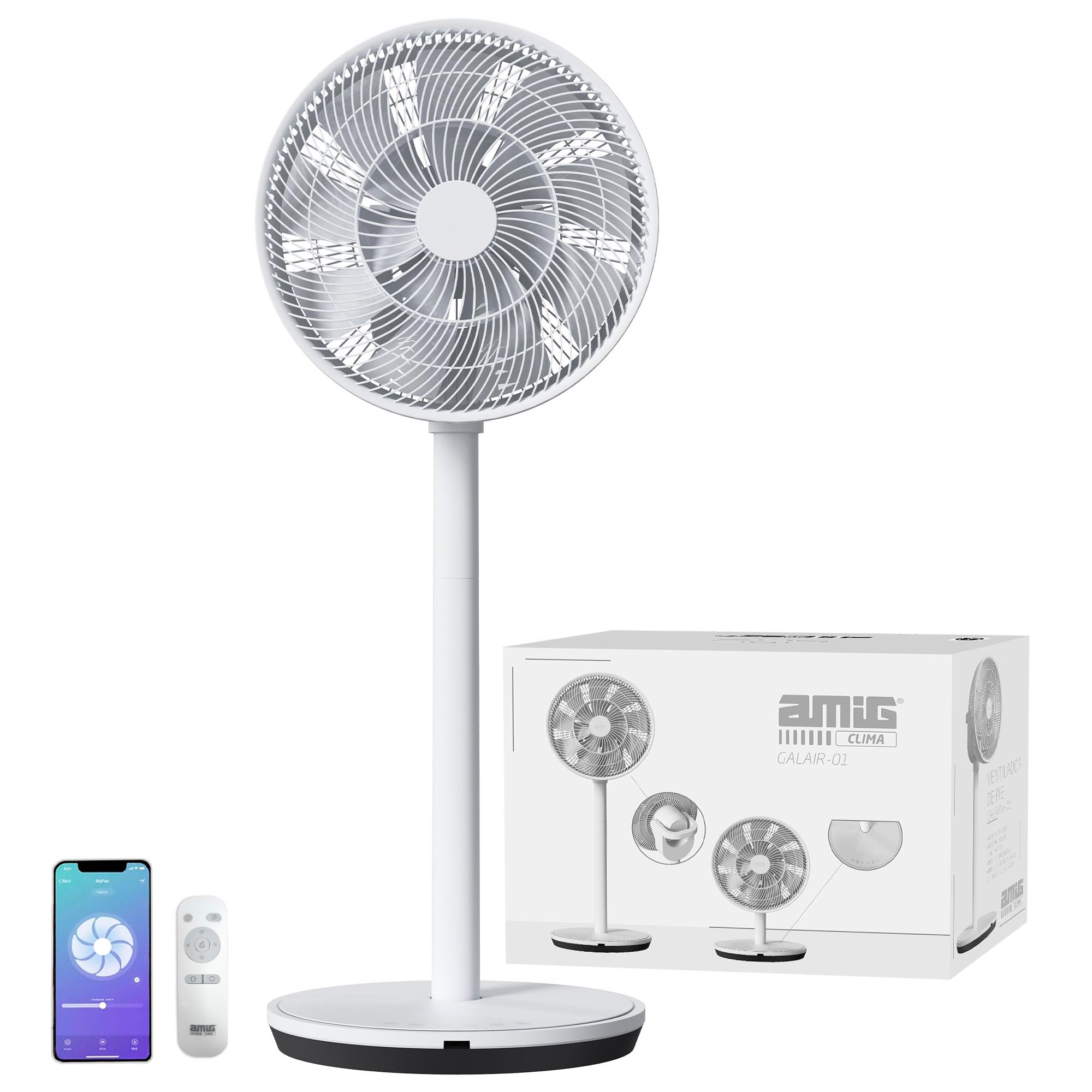 Amig - Ventilatore da Pavimento e da Tavolo GALAIR WIFI-01 - Silenzioso 13dB - 26 Velocità - Oscillazione Verticale e Orizzontale - Basso Consumo 27W - Telecomando e App - Luce LED