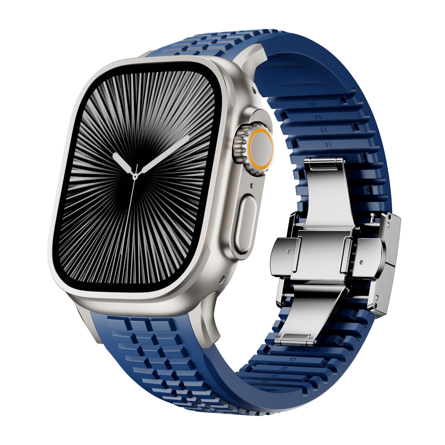 Bracelet de montre en silicone compatible avec iWatch Ultra 2/Ultra/Series 10 9 8 7 (44 mm, 45 mm, 46 mm, 49 mm), bracelet de sport avec boucle pliable, robuste, design moderne pour homme