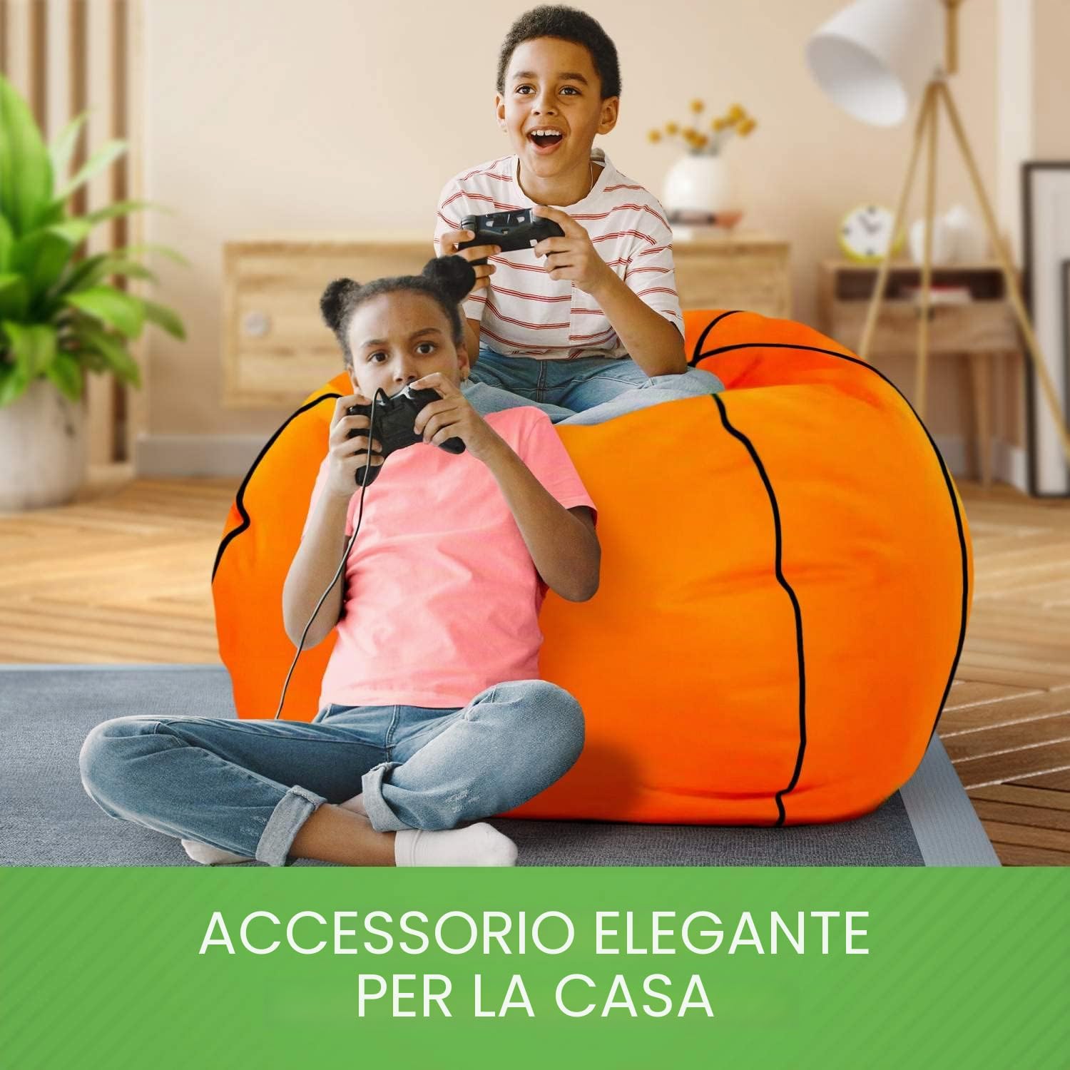 Green Bean© Basketball - Poltrona a sacco già riempita con 300 lt Perle EPS - bambini e adulti 110cm Cuscino gigante per sdraiarsi sedersi Sedia Lounge Poltrona per gaming Rivestimento Lavabile Bianco