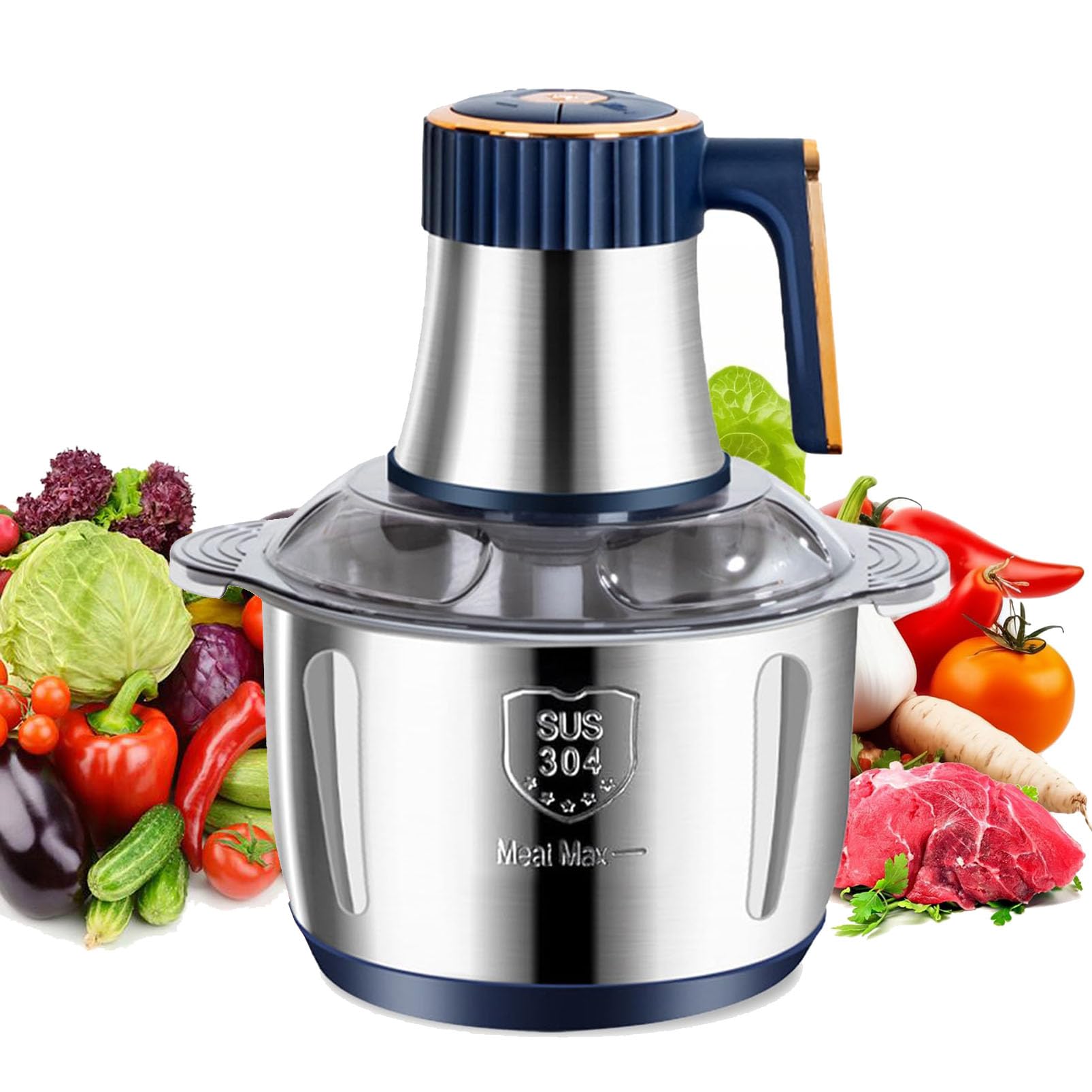 Genérico Picadora de Carne eléctrica de 500 W, Mini picadora de Alimentos de 5 L con 6 Cuchillas, 5 velocidades Ajustables para cocinar en la Cocina, Preparar Comida para bebés y Mascotas (Azul).