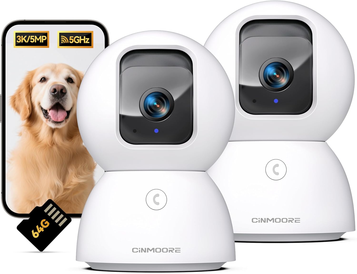 2Pack 3K/5MP Pet/Dog Camera with Speaker/Phone App, 5G Security Camera Indoor, AI Tracking w/Facial Recognition,PTZ WiFi 0-Glow Night Vision, with 1pc 64GB SD Card