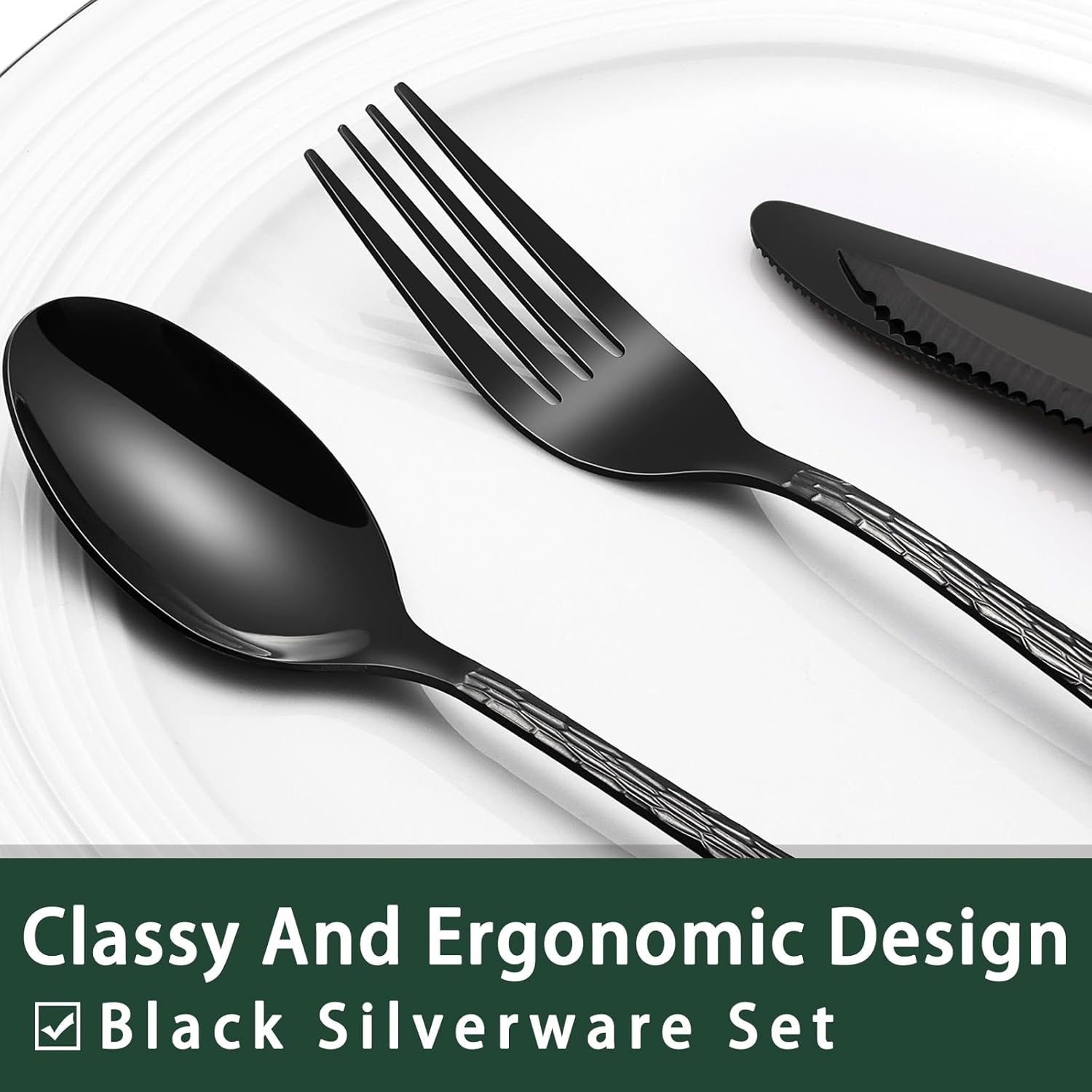 EWFEN 24-Piece Black Silverware Set with Steak Knives, Black Flatware Set for 4, Food-Grade Stainless Steel Tableware Cutlery Set, Mirror Finished Utensil Sets for Home Restaurant, Tree Pattern