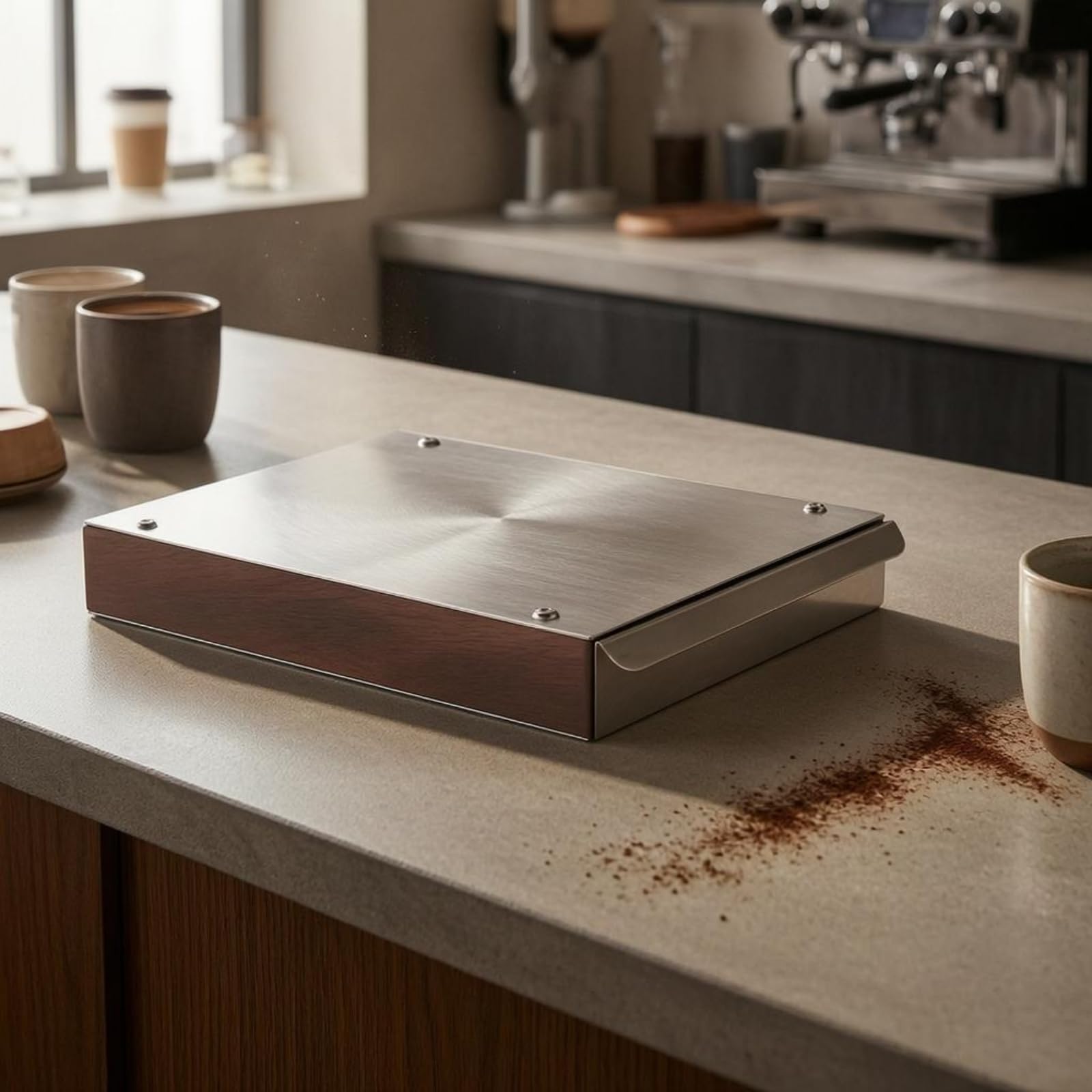 MagiDeal Contenedor de Posos de Café Caja de Posos Cajón Depósito Portafiltros Golpeo de Café en Estructura de Madera y Acero Diseño Rectangular Compacto, Nogal + Negro