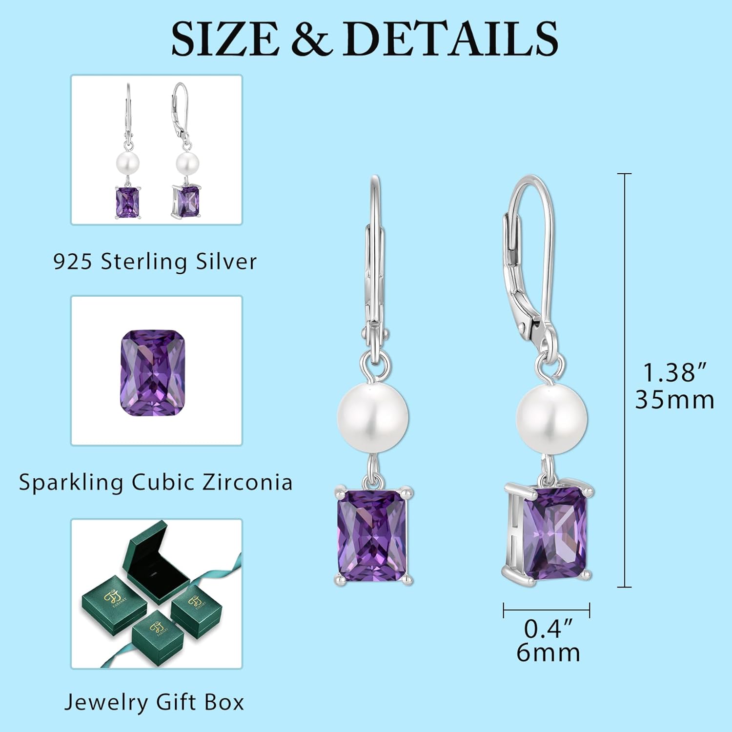 FJ Pearl Drop Earrings 925 Sterling Silver Emerald Cut Dangle Leverback Earrings Birthstone Jewelry Gifts for Women - Image 6