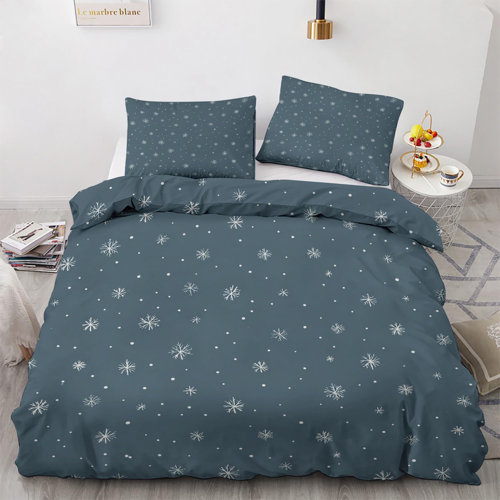 Housse de couette 90x190 grise imprimée flocon de neige parure de lit 1 personne