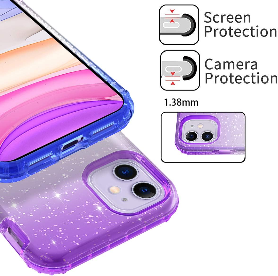 LONTECT for iPhone 11 Case Glitter Crystal Clear Sparkle Bling Heavy Duty Hybrid Sturdy High Impact Shockproof Protective Cover Case for Apple iPhone 11 6.1 2019, Gradient Purple Blue