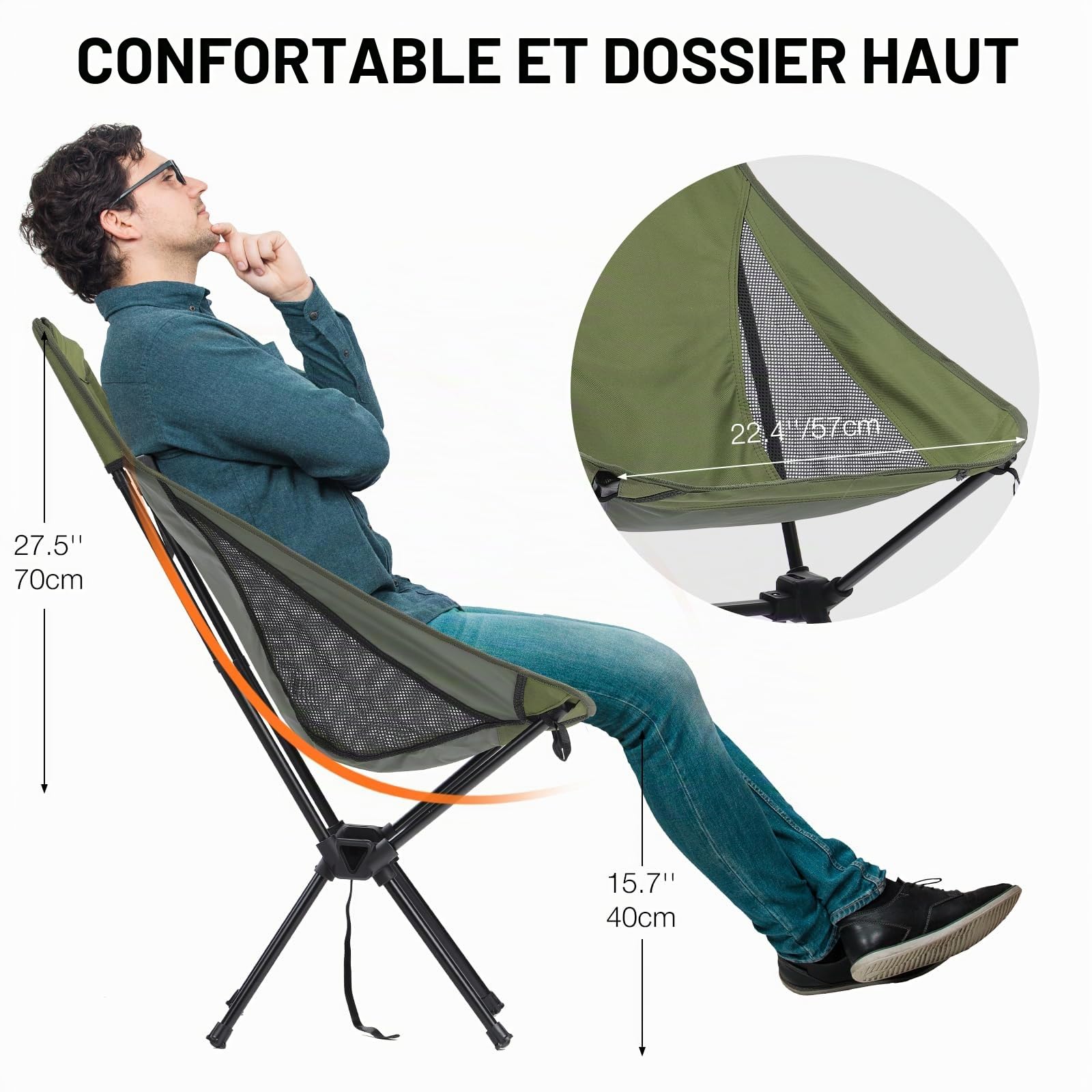 Chaise Pliante Camping Confortable Légère, Chaise de Plage Pliable Haut, Siege Camping Pliable Portable de Exterieur Randonnée Peche Jardin Barbecue, Vert