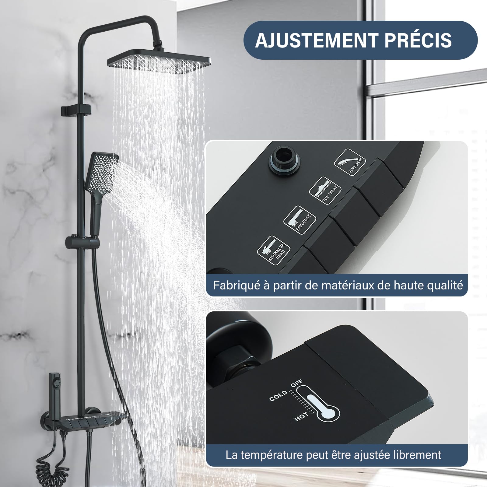 Colonne de Douche Noir Système de Douche Réglable en Hauteur Ensemble de Douche 4 Modes avec Pommeau Carré Douchette à Main