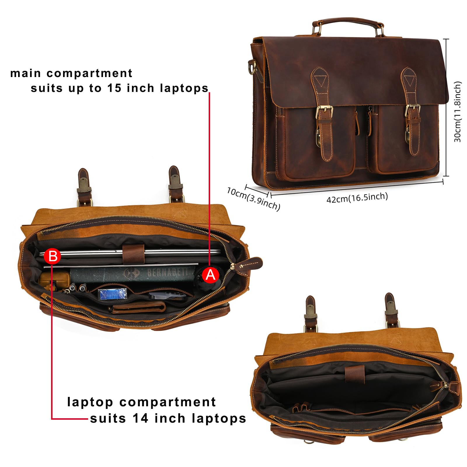 vintage Grande tracolla Borsello uomo pelle vintage Borsa Vero Cuoio Messenger bag per Laptop da 14, 15,6 Pollici Viaggio
