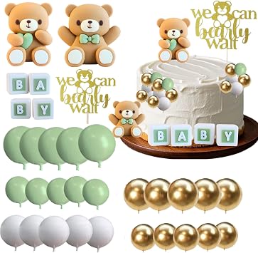 ALISSAR 32Pcs Bear Cake Toppers for Baby Shower with Balls, We Can Bearly Wait Cake Topper, Bear Baby Shower Decorationssage green