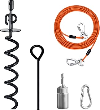 15" Heavy Duty Steel Dog Stake, Black, 30ft Cable