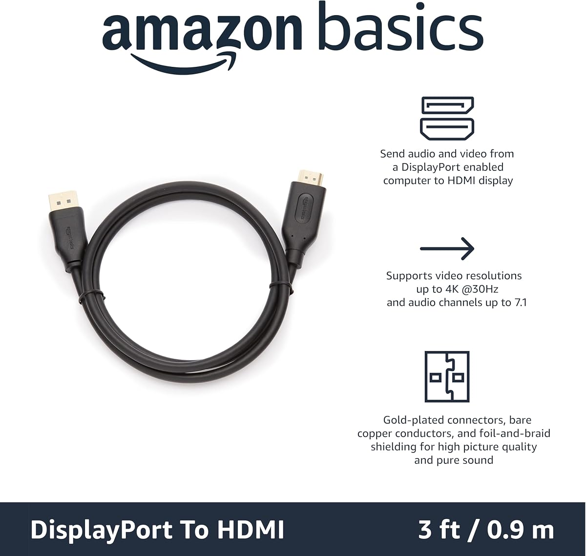 Amazon Basics DisplayPort (Source) to HDMI (Display) Cable, Uni-Directional, 0.9 metre, Black