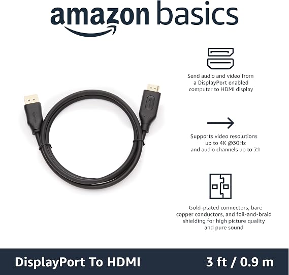 Amazon Basics DisplayPort to HDMI Cable, Uni-Directional, Gold-Plated, Video and Audio, 3 Foot, Black
