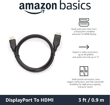 Amazon Basics DisplayPort to HDMI Cable, Uni-Directional, Gold-Plated, Video and Audio, 3 Foot, Black