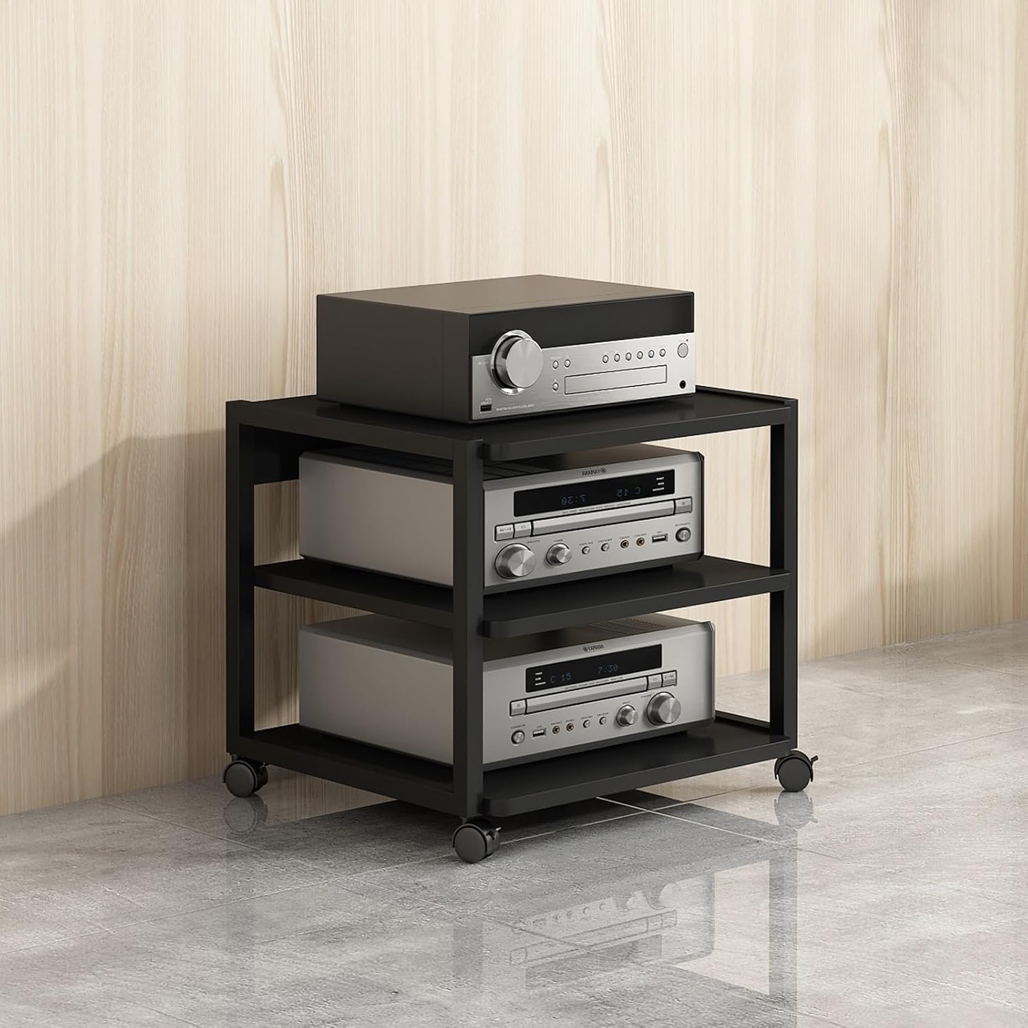 Stojak na sprzęt audio HiFi, 3/4-poziomowy stojak na sprzęt audio-video z kółkami, wielofunkcyjne, drewniane półki z regulacją wysokości, do przechowywania wzmacniacza/dekodera TV/drukarki (styl