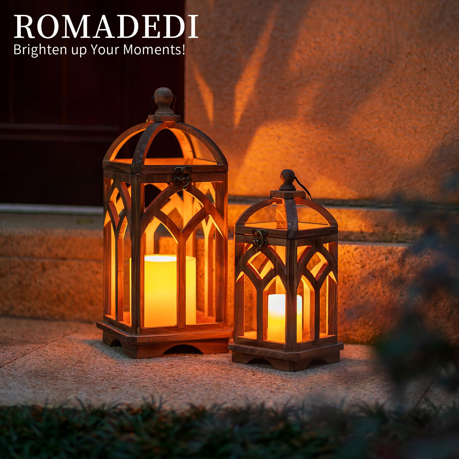Laterne Holz Groß Landhausstil Deko - Romadedi 30/40cm Rustikale Landhaus Kerzen Laterne Braun, Windlicht Vintage für Weihnachten Balkon Garten Hochzeit Tischdeko Innen, Set of 2