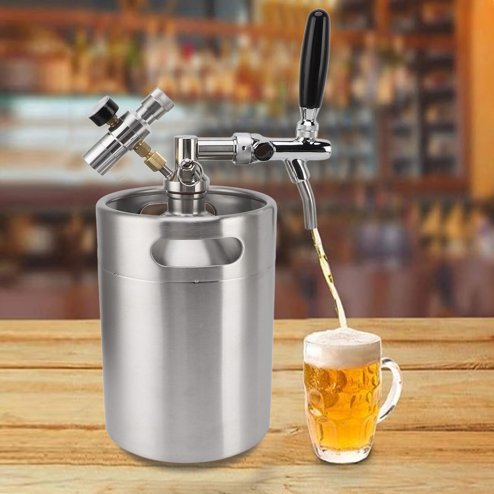 5L Mini Barril de Cerveza Inoxidable, Keg Growler con Grifo Ajustable | Portátil con Sistema de Dispensador a Presión y Regulador de Presión de 60PSI para Cerveza Casera, Artesanal y de Barril