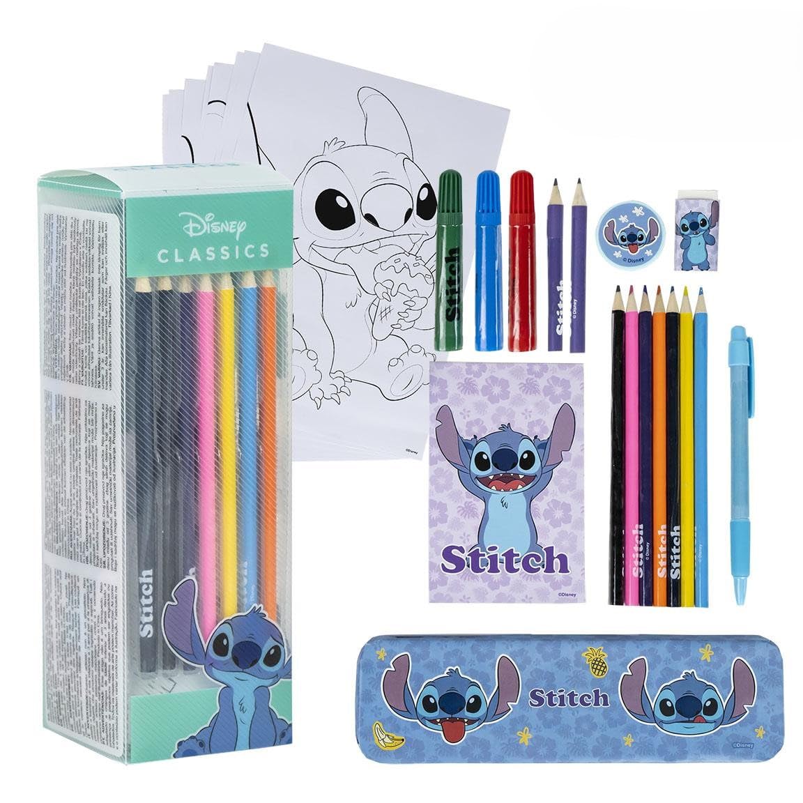 Disney Stitch Colouring & Stationery Set – Includes Pencil Case, Pen, Notepad, HB Pencils, Colour Markers, Colour Pencils, Eraser, Sharpener & Colouring Pages – Creative Gift for Boys & Girls
