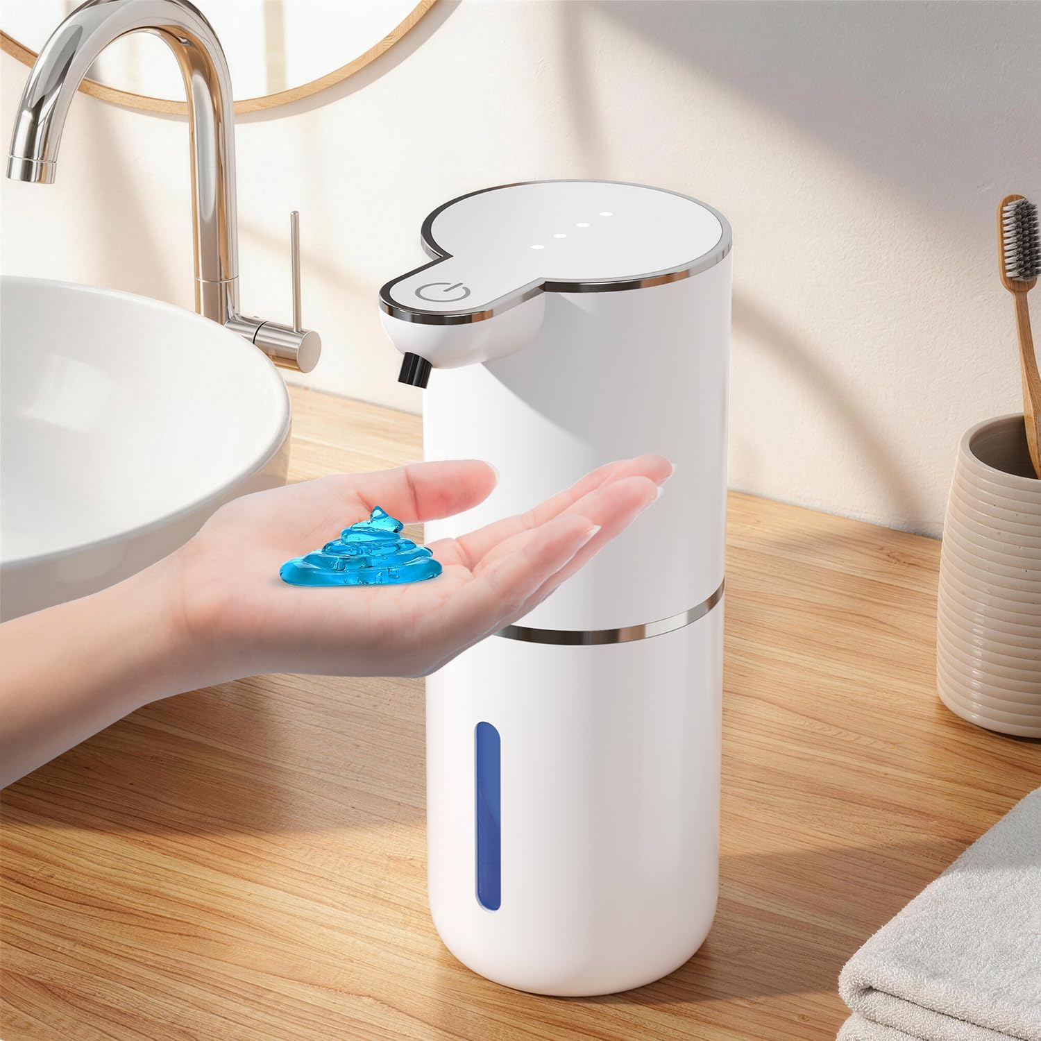Automatyczny dozownik mydła w płynie, bezdotykowy z czujnikiem, 380 ml, montaż ścienny, ładowanie przez USB, IPX5, 4-stopniowy, regulowany elektryczny dozownik mydła do łazienki i kuchni, biały