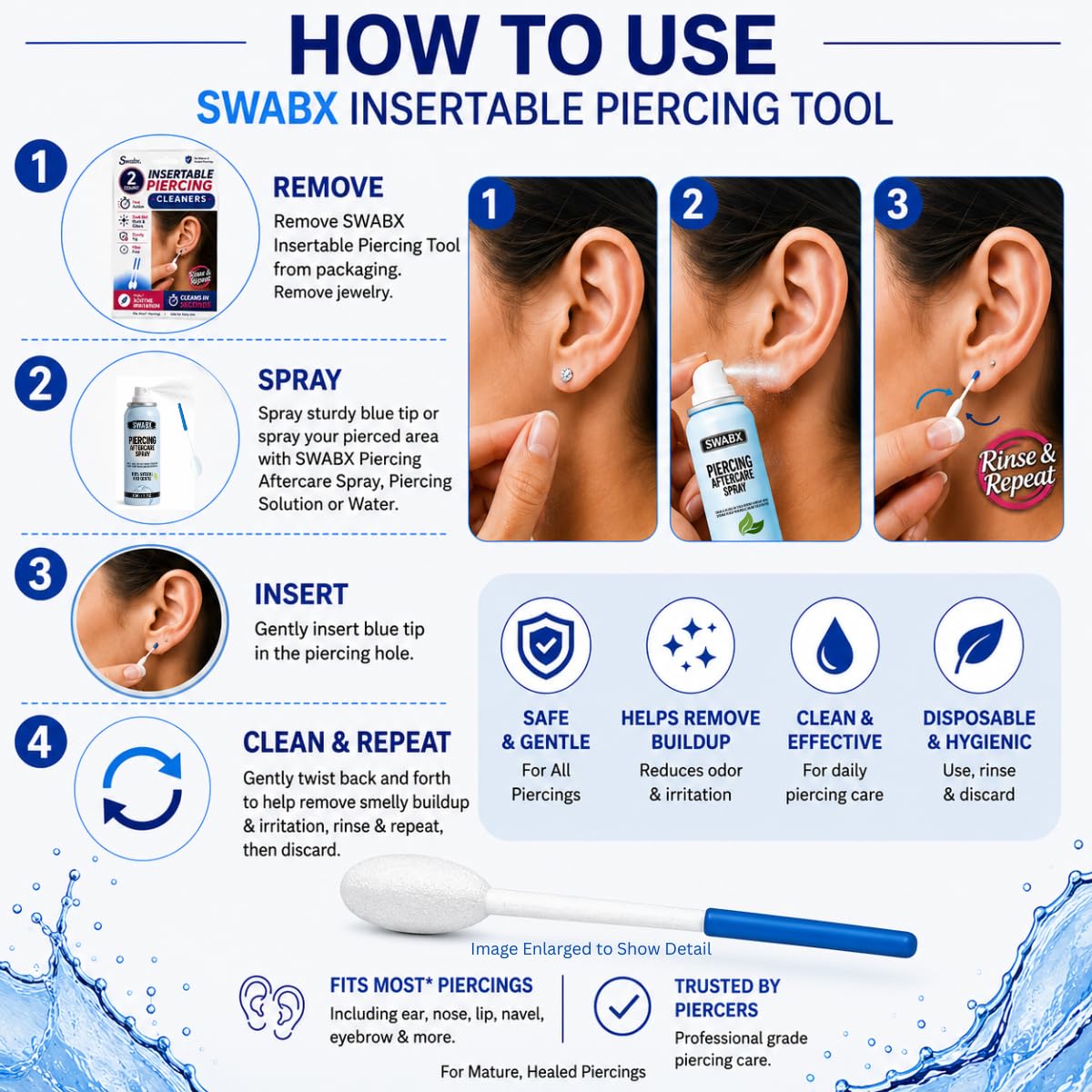 Piercing Ear Hole Cleaner Inserts – Ear Hole Cleaner with Sturdy Tip for Multiple Piercings - Rinse & Repeat - Pierced Ear Nose and Body Piercings - 2 Count