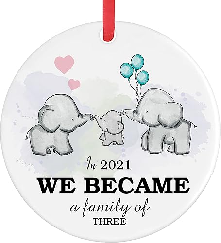 Adorno de Navidad de la familia de elefantes en 2021 We Become A Family of Three Keepsake Family Christmas Tree Decoraciones para amigos, bodas,