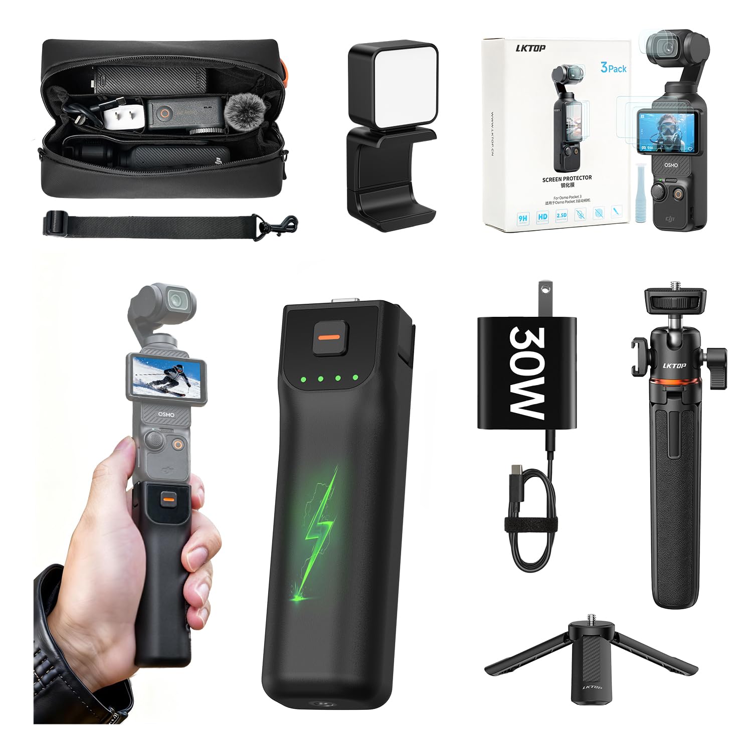 LKTOP Osmo Pocket 3 Accessories Kit for DJI, Battery Handle (6hr Battery Life)+Carrying Bag+30W Charger+3Pack Screen Protector+Fill Light+Selfie Stick+Tripod, Compatible with DJI Pocket 3, Xtra Muse
